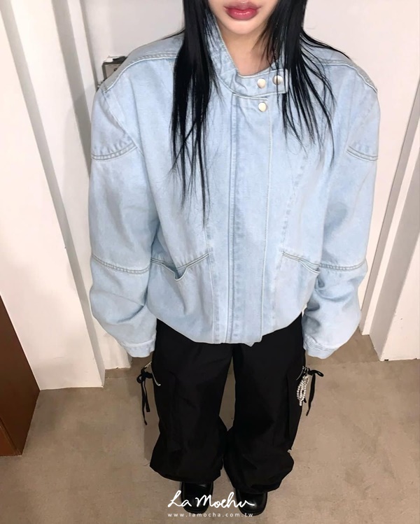 騎士感落肩斜口袋牛仔外套